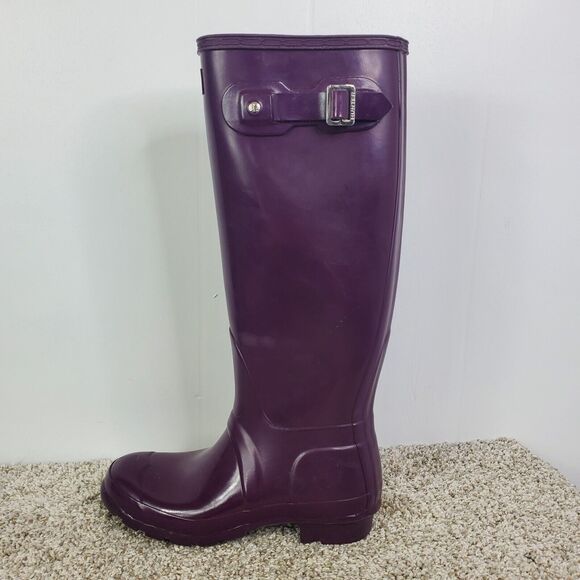 Hunter Tall Boots Womens 5 Purple Gloss Rain Rubber Buckle Accent Waterproof - Picture 3 of 10